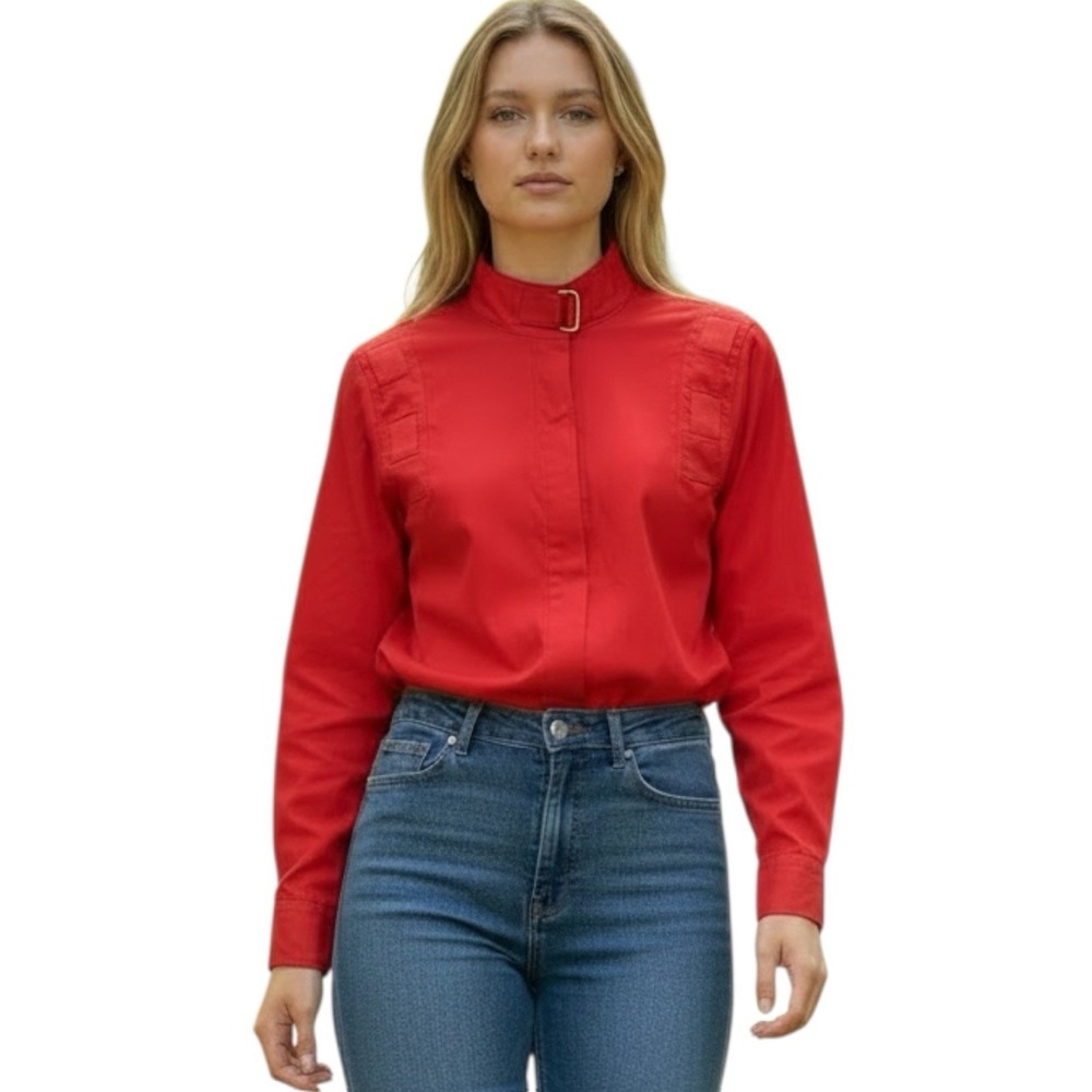 VTG '80s Nilani Structured‎ Button Front Blouse Women's 5/6 Red Buckle Neck